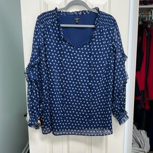 Talbots blouse. Size 2xp. Blue with white floral print. Ruffles down sleeves.